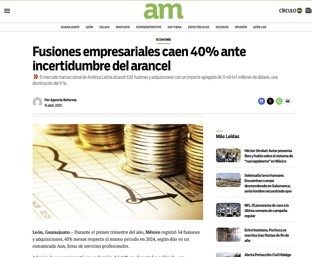 Fusiones empresariales caen 40% ante incertidumbre del arancel